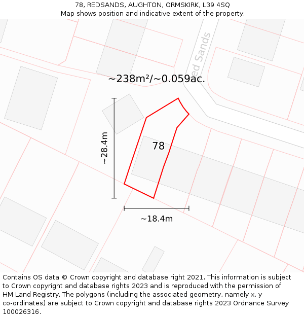 78, REDSANDS, AUGHTON, ORMSKIRK, L39 4SQ: Plot and title map