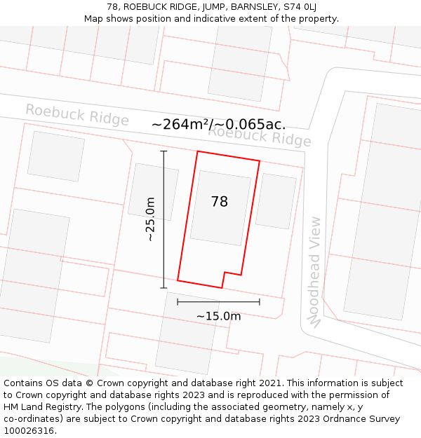 78, ROEBUCK RIDGE, JUMP, BARNSLEY, S74 0LJ: Plot and title map