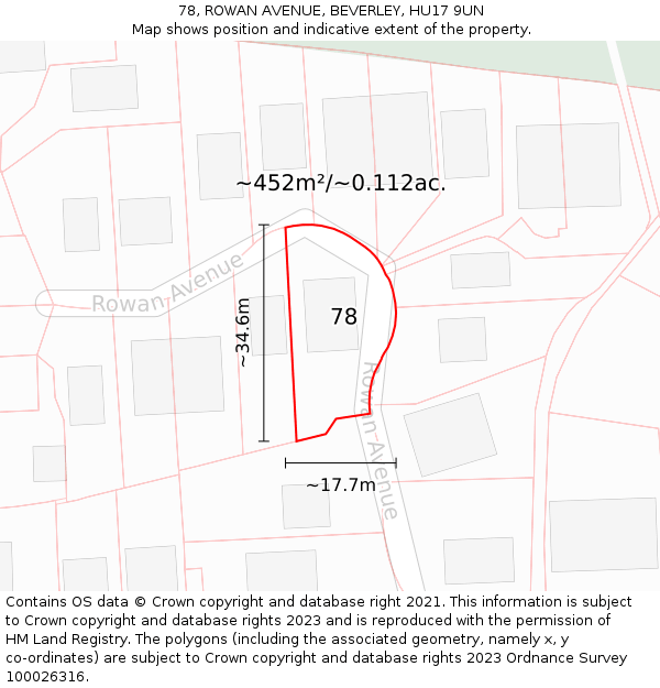 78, ROWAN AVENUE, BEVERLEY, HU17 9UN: Plot and title map