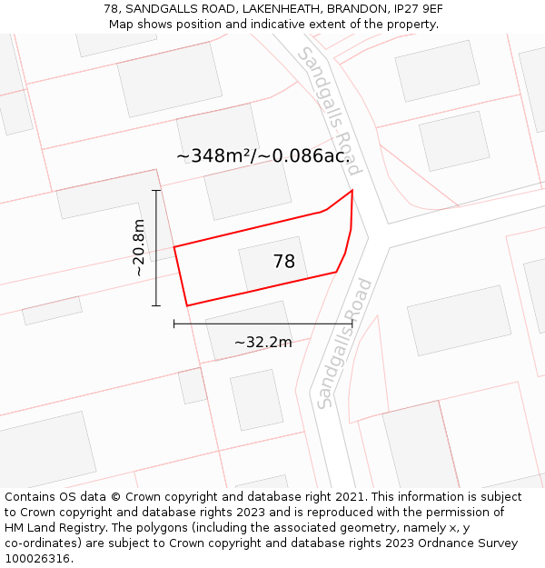 78, SANDGALLS ROAD, LAKENHEATH, BRANDON, IP27 9EF: Plot and title map