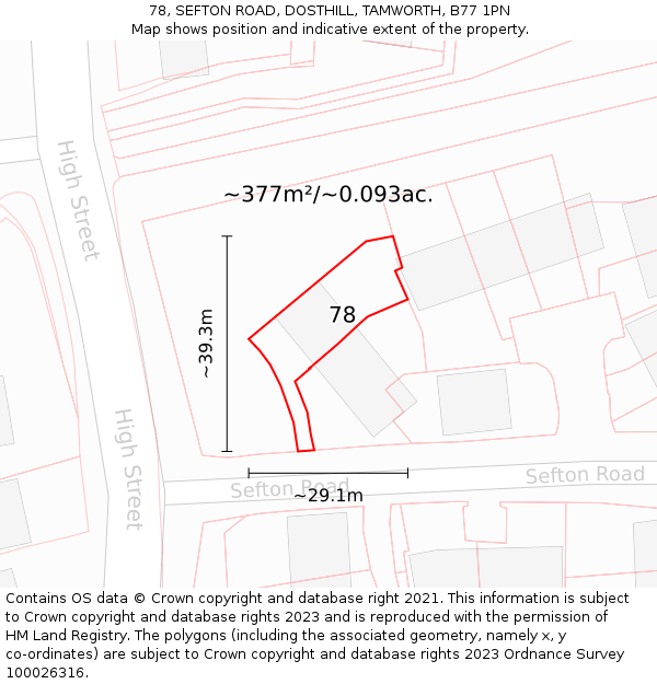 78, SEFTON ROAD, DOSTHILL, TAMWORTH, B77 1PN: Plot and title map