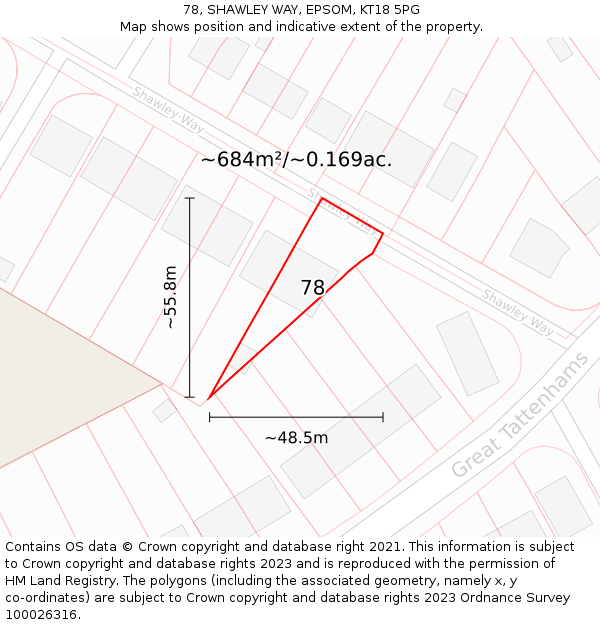 78, SHAWLEY WAY, EPSOM, KT18 5PG: Plot and title map