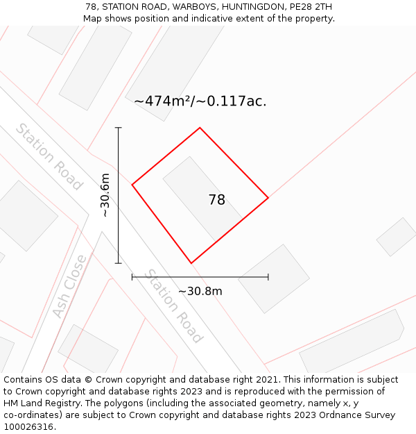 78, STATION ROAD, WARBOYS, HUNTINGDON, PE28 2TH: Plot and title map