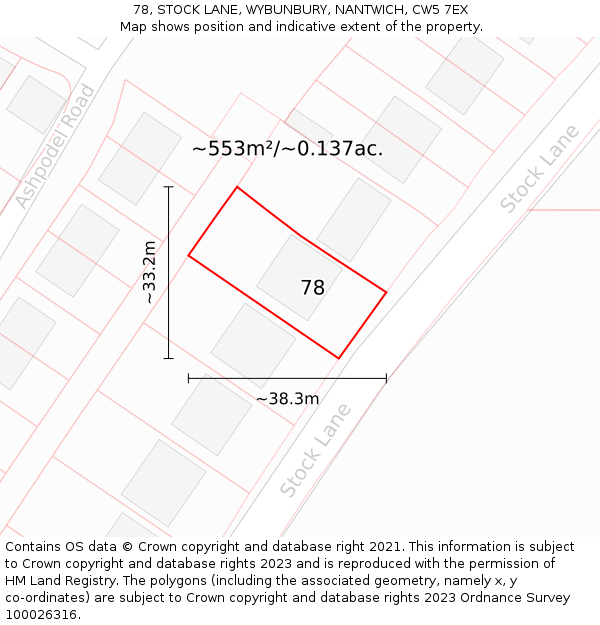 78, STOCK LANE, WYBUNBURY, NANTWICH, CW5 7EX: Plot and title map