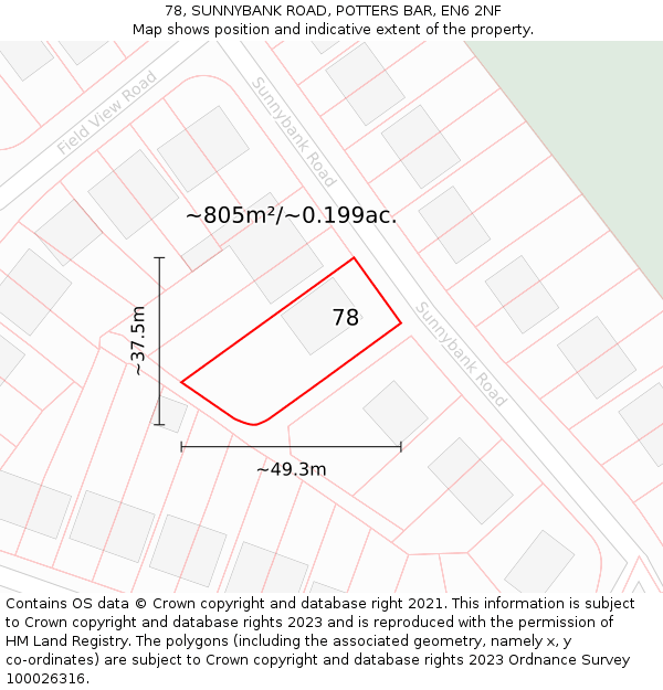 78, SUNNYBANK ROAD, POTTERS BAR, EN6 2NF: Plot and title map