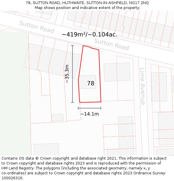 78, SUTTON ROAD, HUTHWAITE, SUTTON-IN-ASHFIELD, NG17 2NQ: Plot and title map