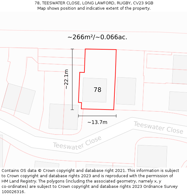 78, TEESWATER CLOSE, LONG LAWFORD, RUGBY, CV23 9GB: Plot and title map