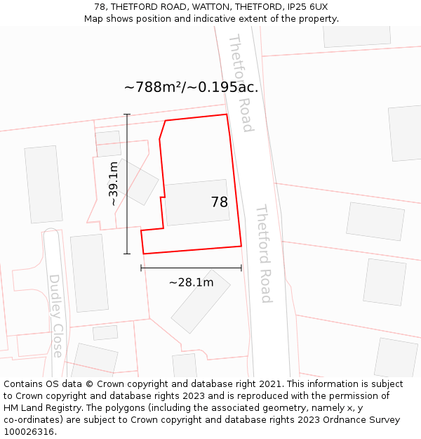 78, THETFORD ROAD, WATTON, THETFORD, IP25 6UX: Plot and title map