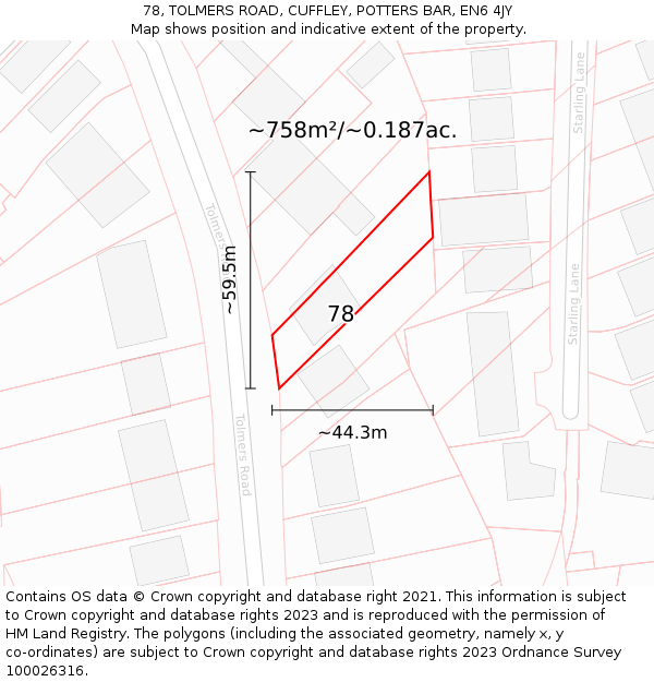 78, TOLMERS ROAD, CUFFLEY, POTTERS BAR, EN6 4JY: Plot and title map