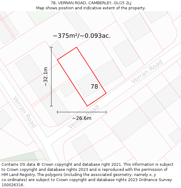 78, VERRAN ROAD, CAMBERLEY, GU15 2LJ: Plot and title map