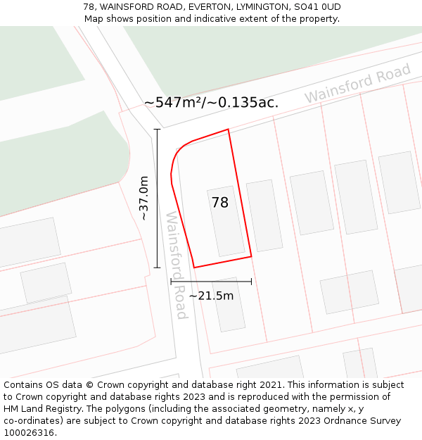 78, WAINSFORD ROAD, EVERTON, LYMINGTON, SO41 0UD: Plot and title map