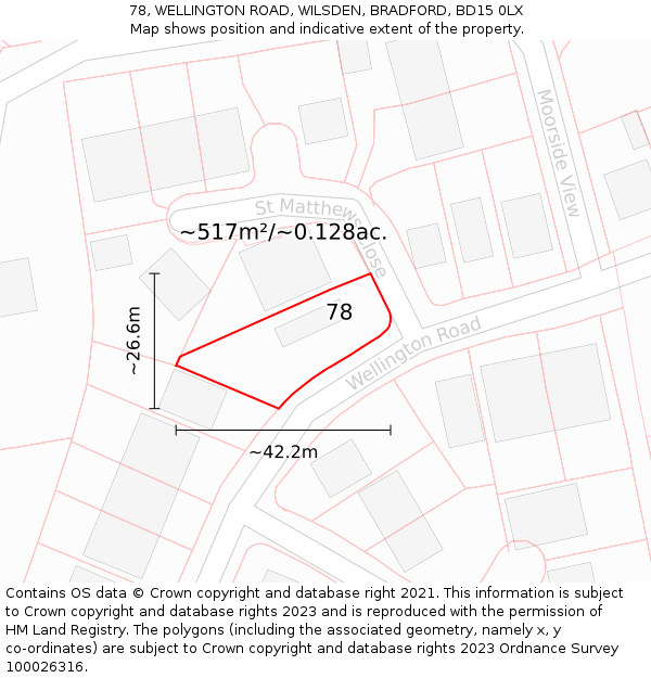 78, WELLINGTON ROAD, WILSDEN, BRADFORD, BD15 0LX: Plot and title map