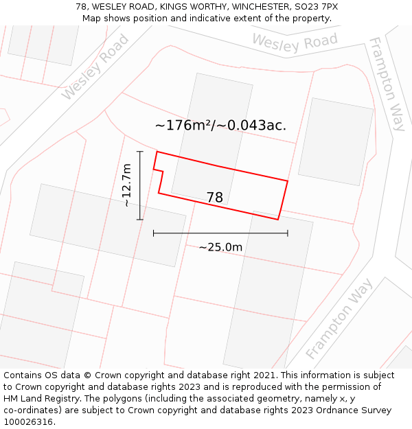 78, WESLEY ROAD, KINGS WORTHY, WINCHESTER, SO23 7PX: Plot and title map