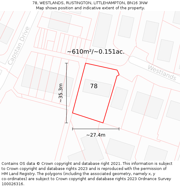 78, WESTLANDS, RUSTINGTON, LITTLEHAMPTON, BN16 3NW: Plot and title map