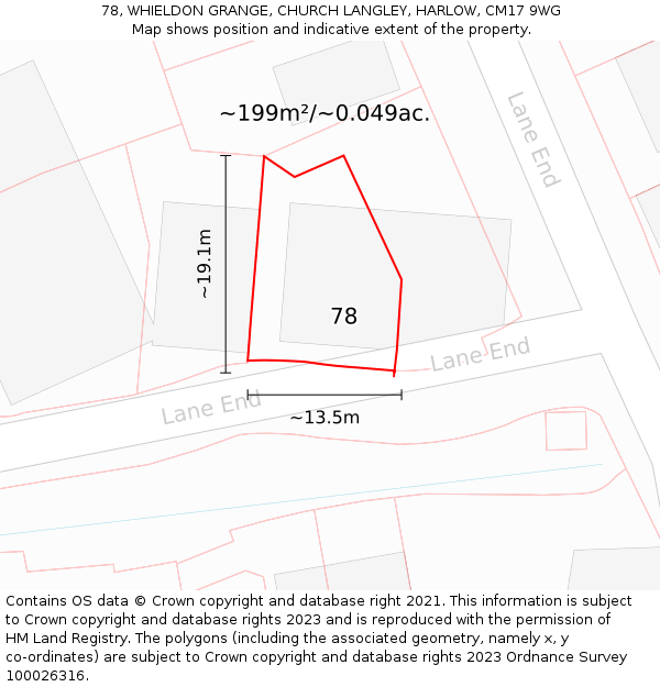 78, WHIELDON GRANGE, CHURCH LANGLEY, HARLOW, CM17 9WG: Plot and title map