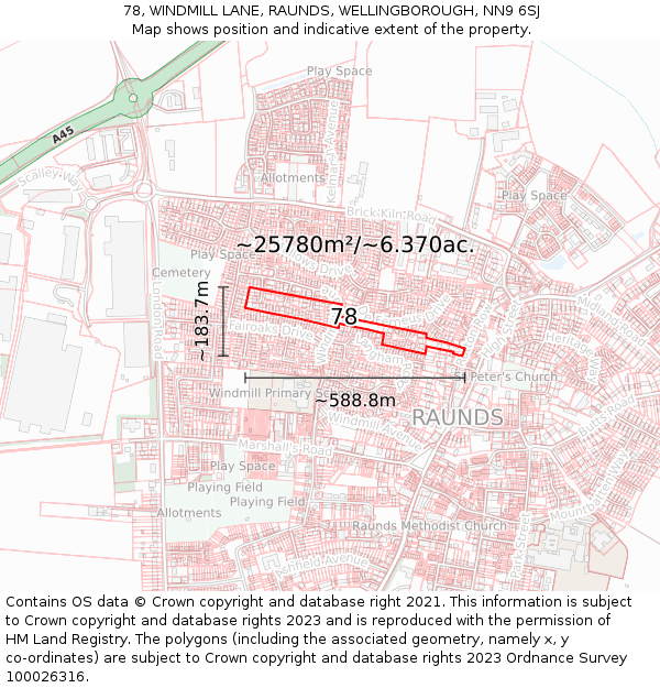 78, WINDMILL LANE, RAUNDS, WELLINGBOROUGH, NN9 6SJ: Plot and title map