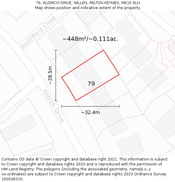 79, ALDRICH DRIVE, WILLEN, MILTON KEYNES, MK15 9LH: Plot and title map