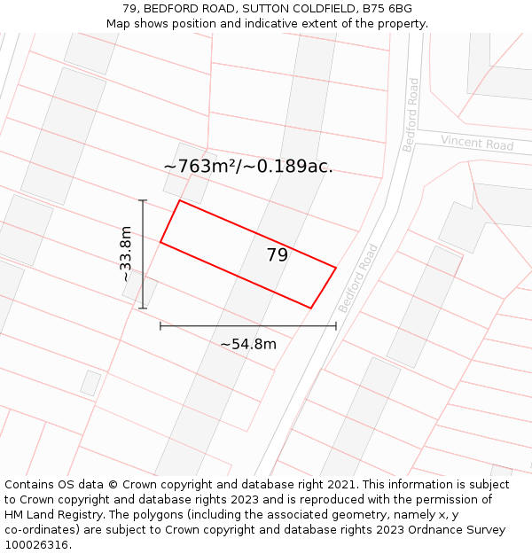 79, BEDFORD ROAD, SUTTON COLDFIELD, B75 6BG: Plot and title map