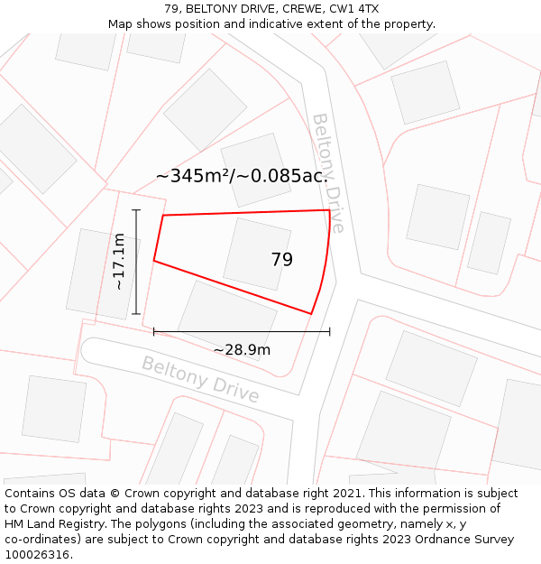 79, BELTONY DRIVE, CREWE, CW1 4TX: Plot and title map