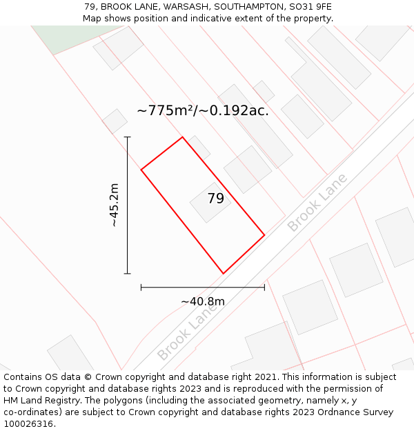 79, BROOK LANE, WARSASH, SOUTHAMPTON, SO31 9FE: Plot and title map