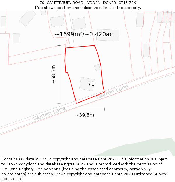 79, CANTERBURY ROAD, LYDDEN, DOVER, CT15 7EX: Plot and title map