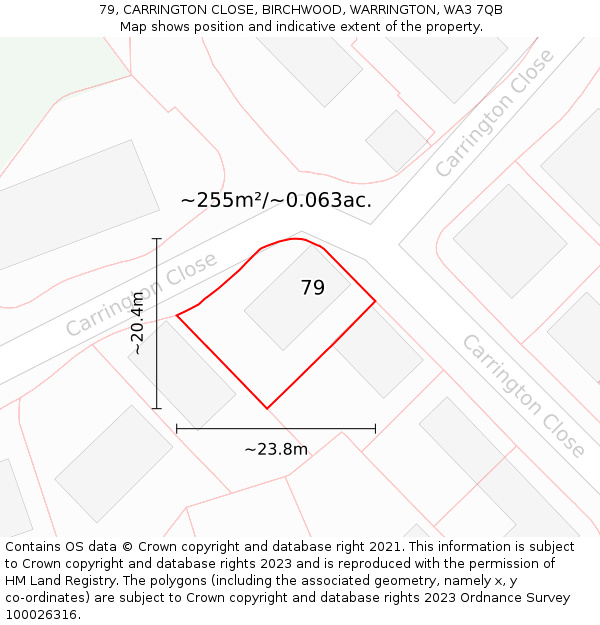 79, CARRINGTON CLOSE, BIRCHWOOD, WARRINGTON, WA3 7QB: Plot and title map