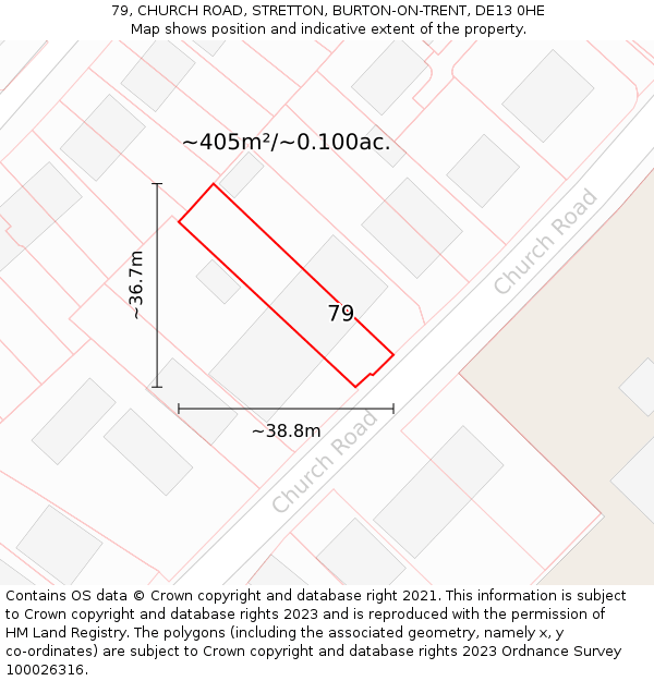 79, CHURCH ROAD, STRETTON, BURTON-ON-TRENT, DE13 0HE: Plot and title map