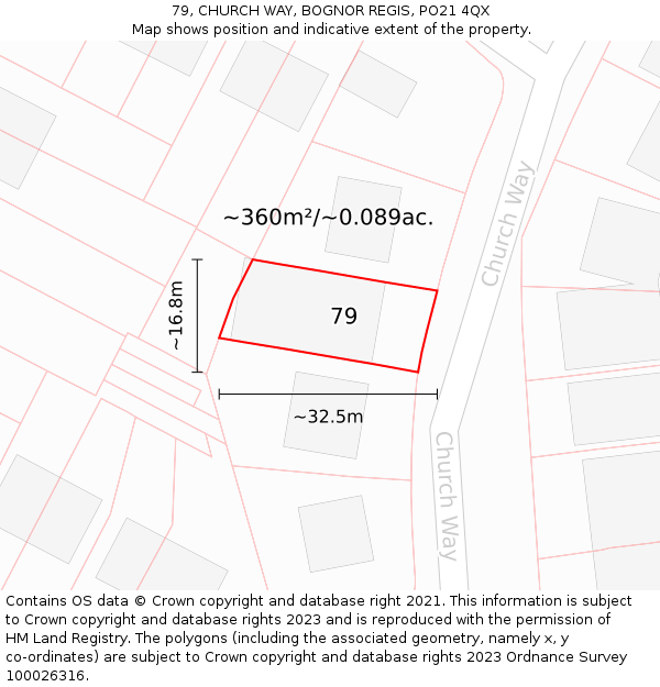 79, CHURCH WAY, BOGNOR REGIS, PO21 4QX: Plot and title map