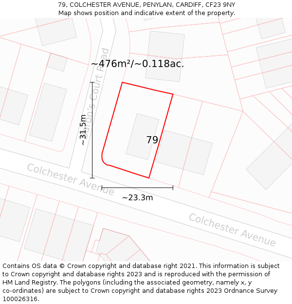 79, COLCHESTER AVENUE, PENYLAN, CARDIFF, CF23 9NY: Plot and title map