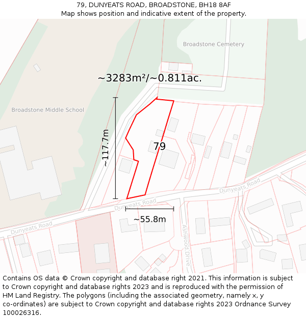 79, DUNYEATS ROAD, BROADSTONE, BH18 8AF: Plot and title map