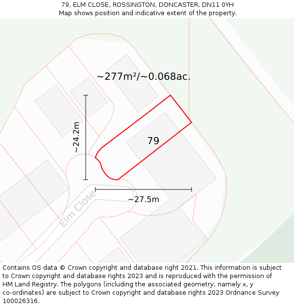 79, ELM CLOSE, ROSSINGTON, DONCASTER, DN11 0YH: Plot and title map