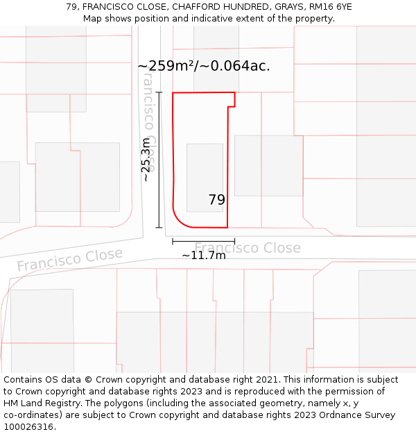 79, FRANCISCO CLOSE, CHAFFORD HUNDRED, GRAYS, RM16 6YE: Plot and title map