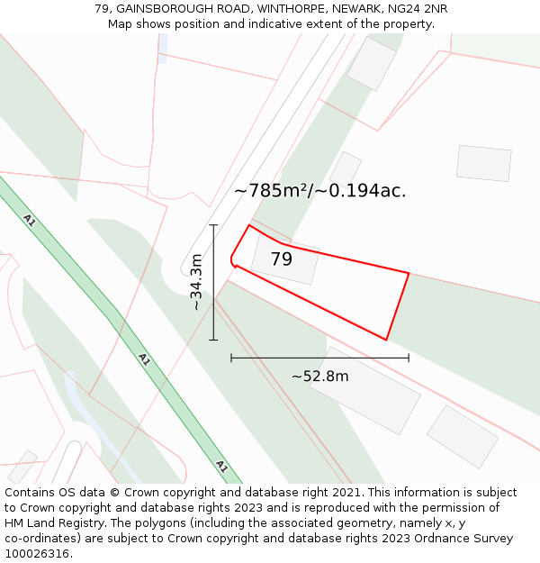 79, GAINSBOROUGH ROAD, WINTHORPE, NEWARK, NG24 2NR: Plot and title map