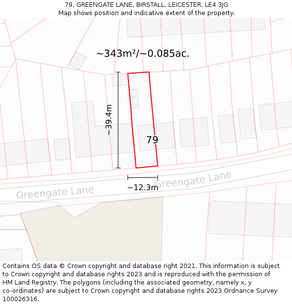 79, GREENGATE LANE, BIRSTALL, LEICESTER, LE4 3JG: Plot and title map