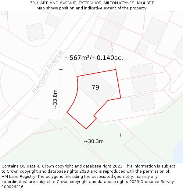 79, HARTLAND AVENUE, TATTENHOE, MILTON KEYNES, MK4 3BT: Plot and title map