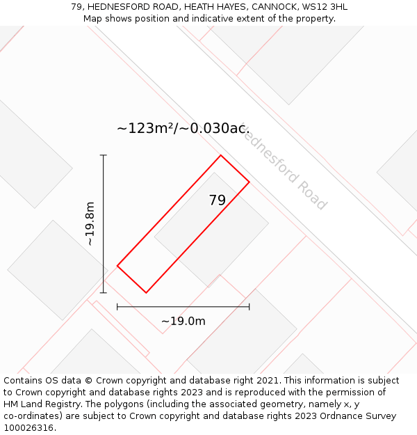 79, HEDNESFORD ROAD, HEATH HAYES, CANNOCK, WS12 3HL: Plot and title map