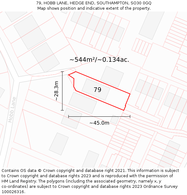 79, HOBB LANE, HEDGE END, SOUTHAMPTON, SO30 0GQ: Plot and title map