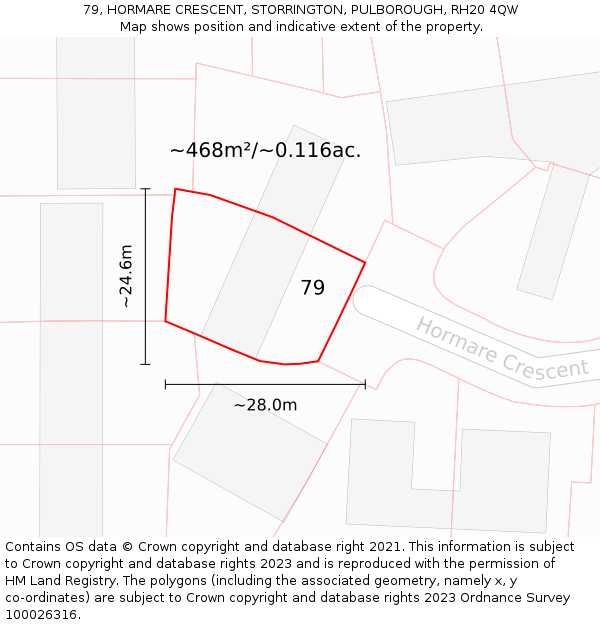 79, HORMARE CRESCENT, STORRINGTON, PULBOROUGH, RH20 4QW: Plot and title map