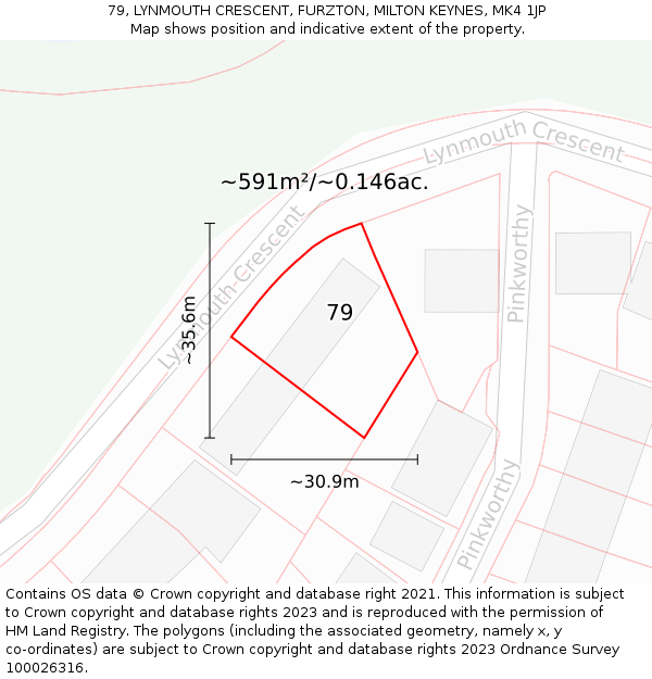 79, LYNMOUTH CRESCENT, FURZTON, MILTON KEYNES, MK4 1JP: Plot and title map