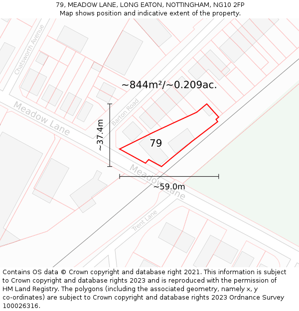 79, MEADOW LANE, LONG EATON, NOTTINGHAM, NG10 2FP: Plot and title map