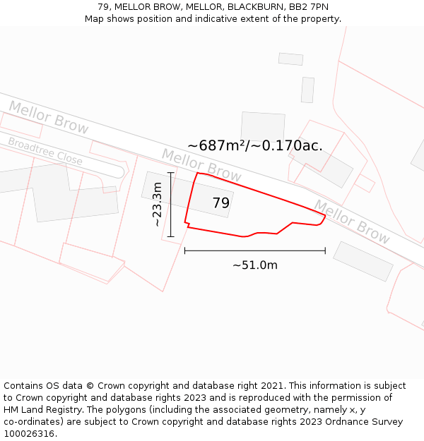 79, MELLOR BROW, MELLOR, BLACKBURN, BB2 7PN: Plot and title map