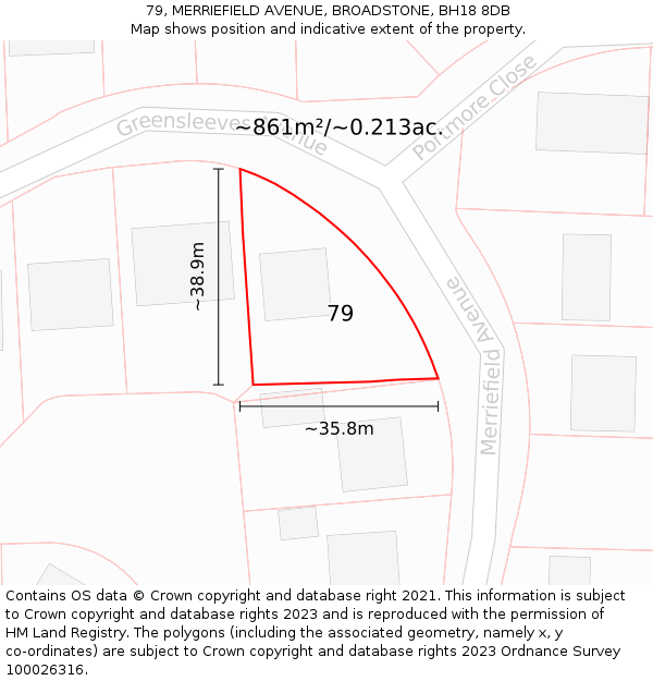 79, MERRIEFIELD AVENUE, BROADSTONE, BH18 8DB: Plot and title map