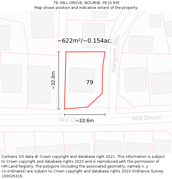 79, MILL DROVE, BOURNE, PE10 9YE: Plot and title map