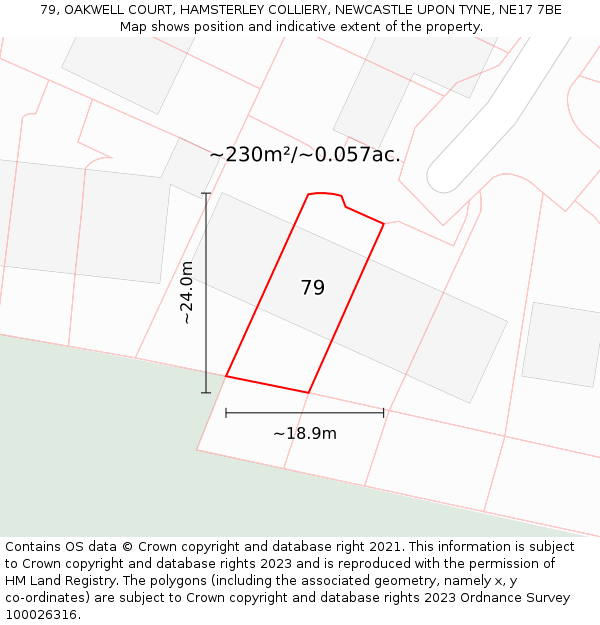 79, OAKWELL COURT, HAMSTERLEY COLLIERY, NEWCASTLE UPON TYNE, NE17 7BE: Plot and title map