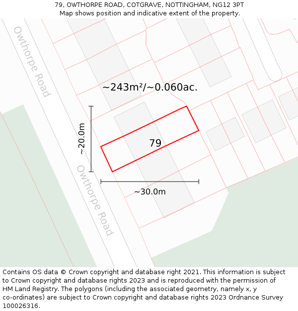 79, OWTHORPE ROAD, COTGRAVE, NOTTINGHAM, NG12 3PT: Plot and title map