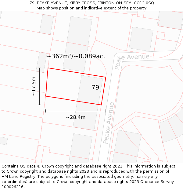 79, PEAKE AVENUE, KIRBY CROSS, FRINTON-ON-SEA, CO13 0SQ: Plot and title map