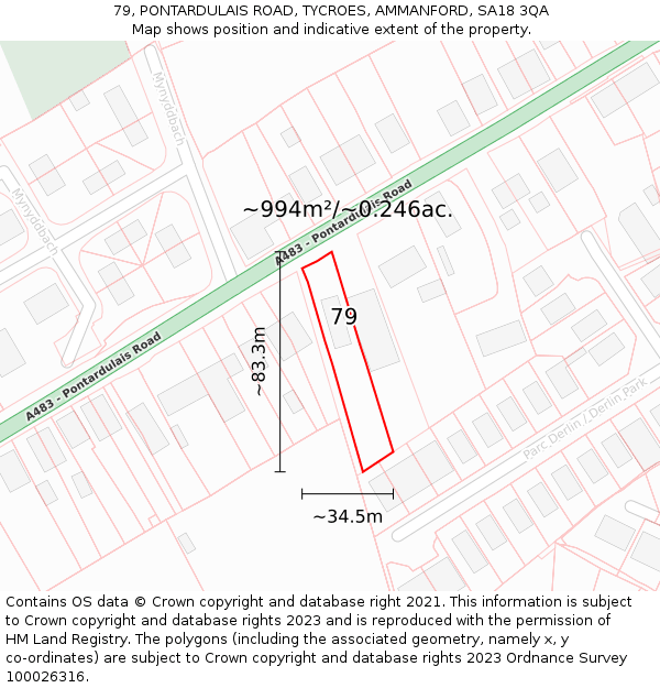 79, PONTARDULAIS ROAD, TYCROES, AMMANFORD, SA18 3QA: Plot and title map