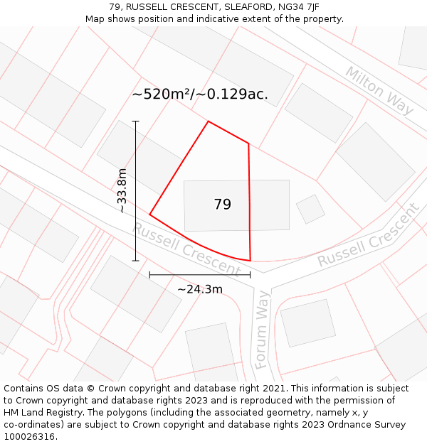 79, RUSSELL CRESCENT, SLEAFORD, NG34 7JF: Plot and title map