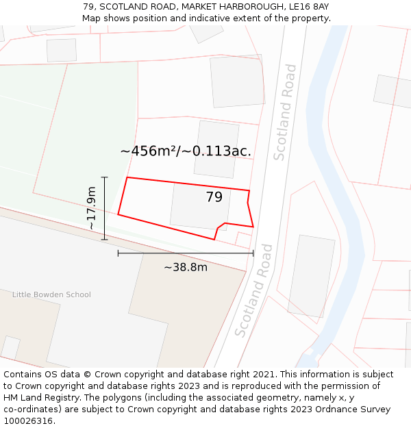 79, SCOTLAND ROAD, MARKET HARBOROUGH, LE16 8AY: Plot and title map
