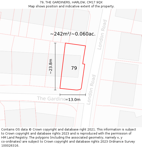 79, THE GARDINERS, HARLOW, CM17 9QX: Plot and title map